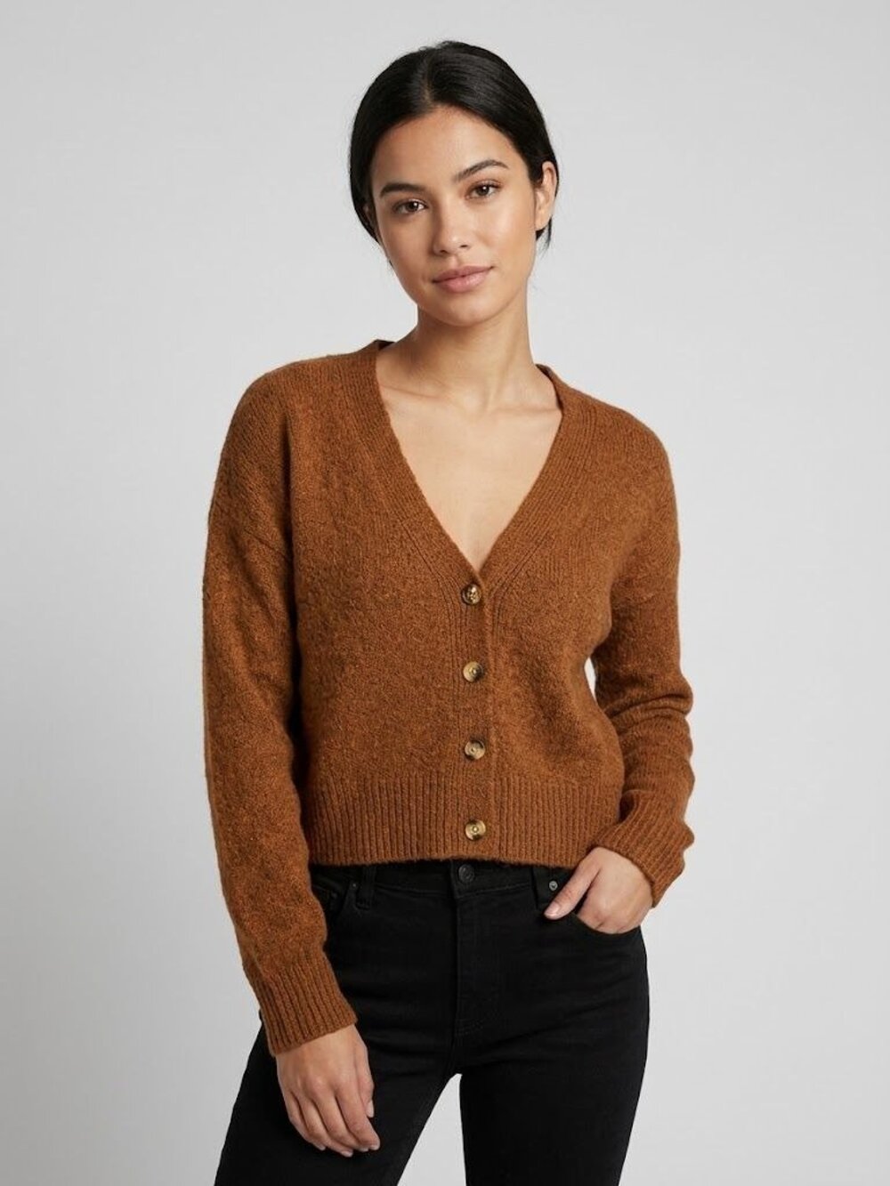 Love Tree Womens Brown Cropped Button-Up Cardigan Sweater Small Polyester Blend